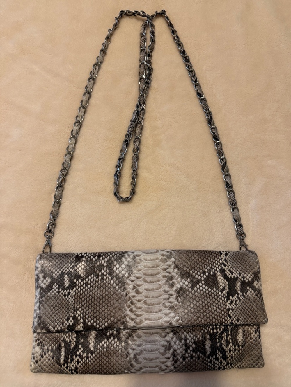 Snake-Embossed Clutch with Chain Strap in Gray